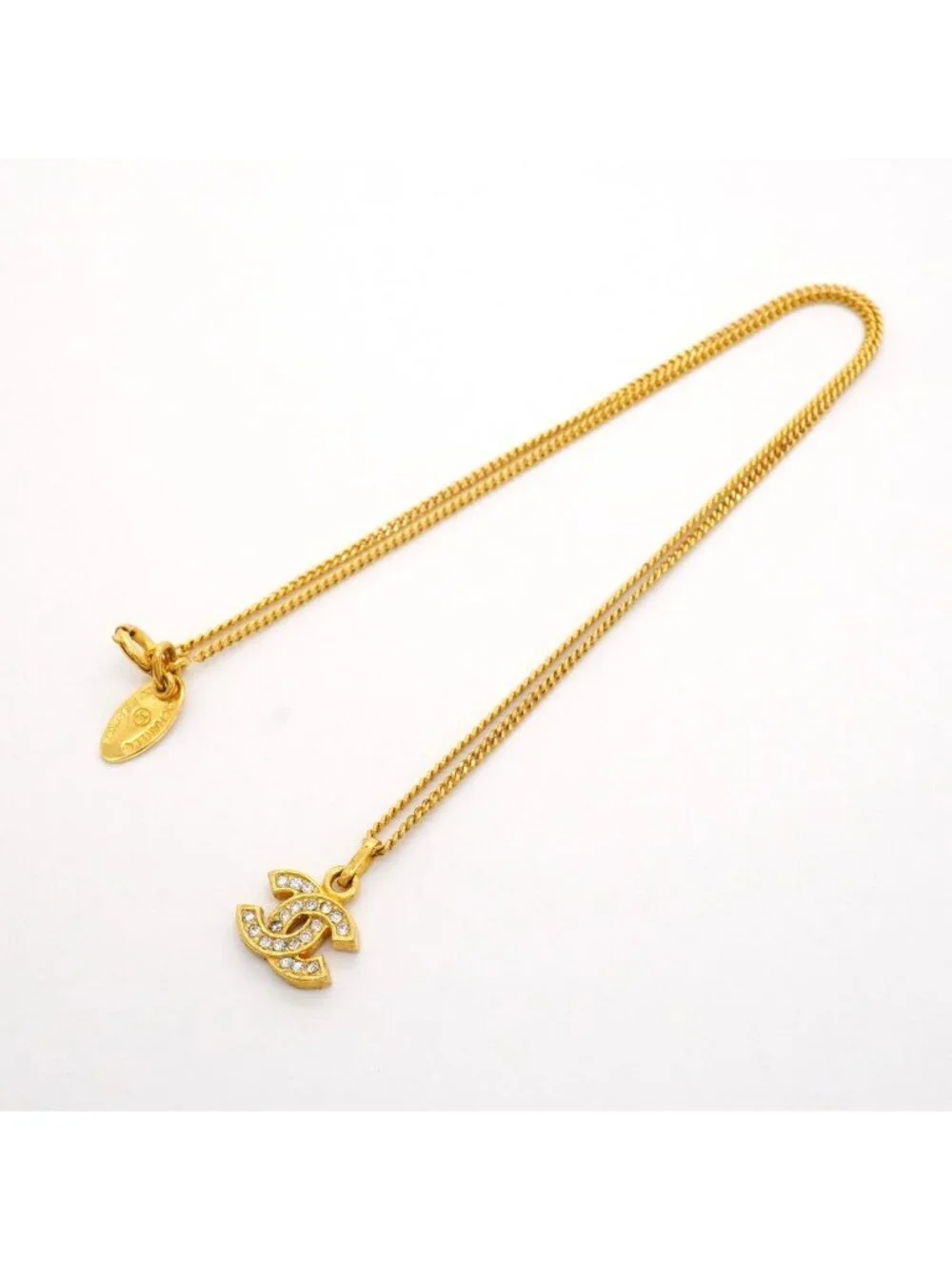 Chanel Necklace Vintage CC Logo Gold Plated Rhinestone